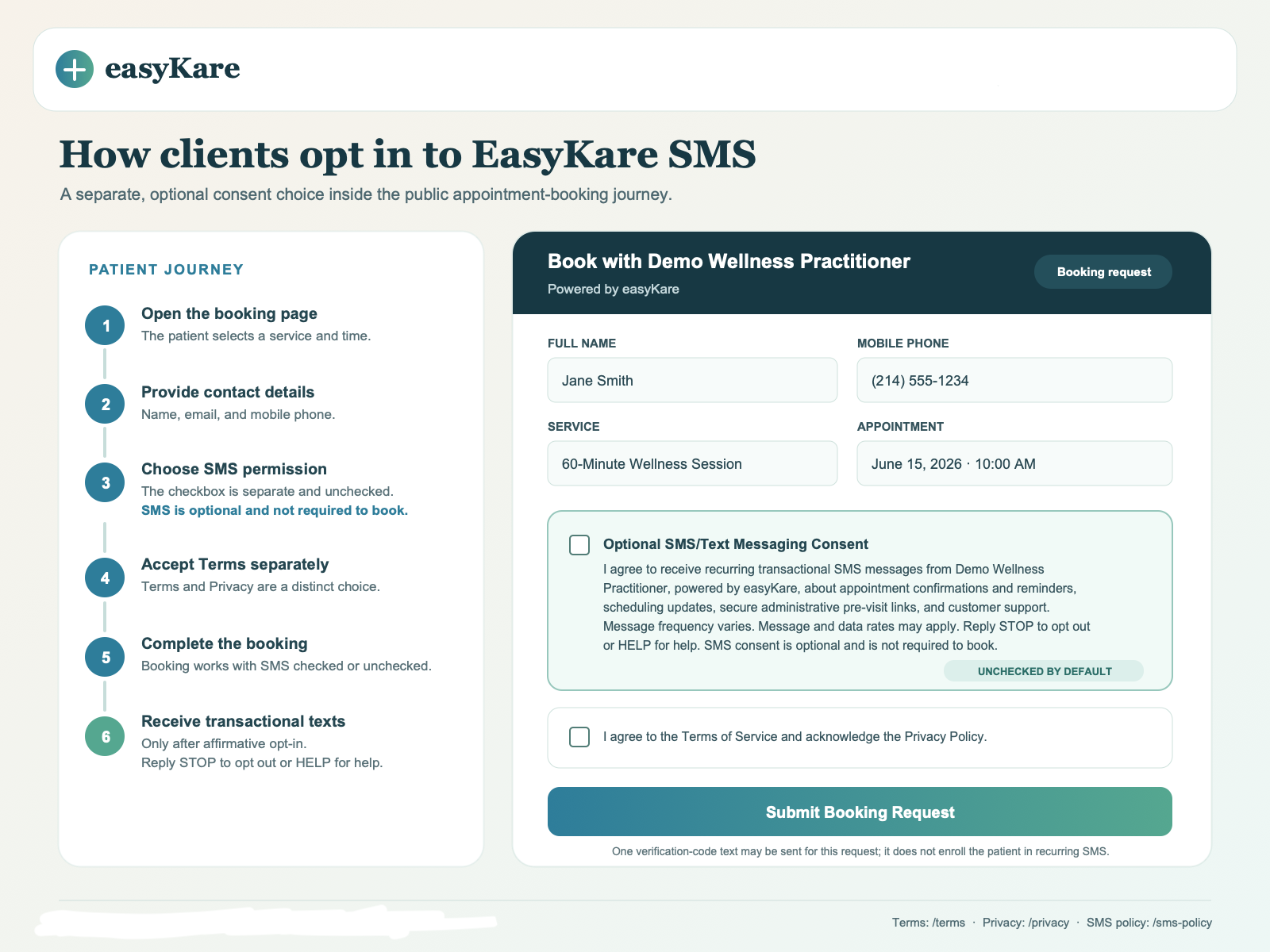 easyKare patient booking workflow with a separate optional unchecked SMS consent checkbox